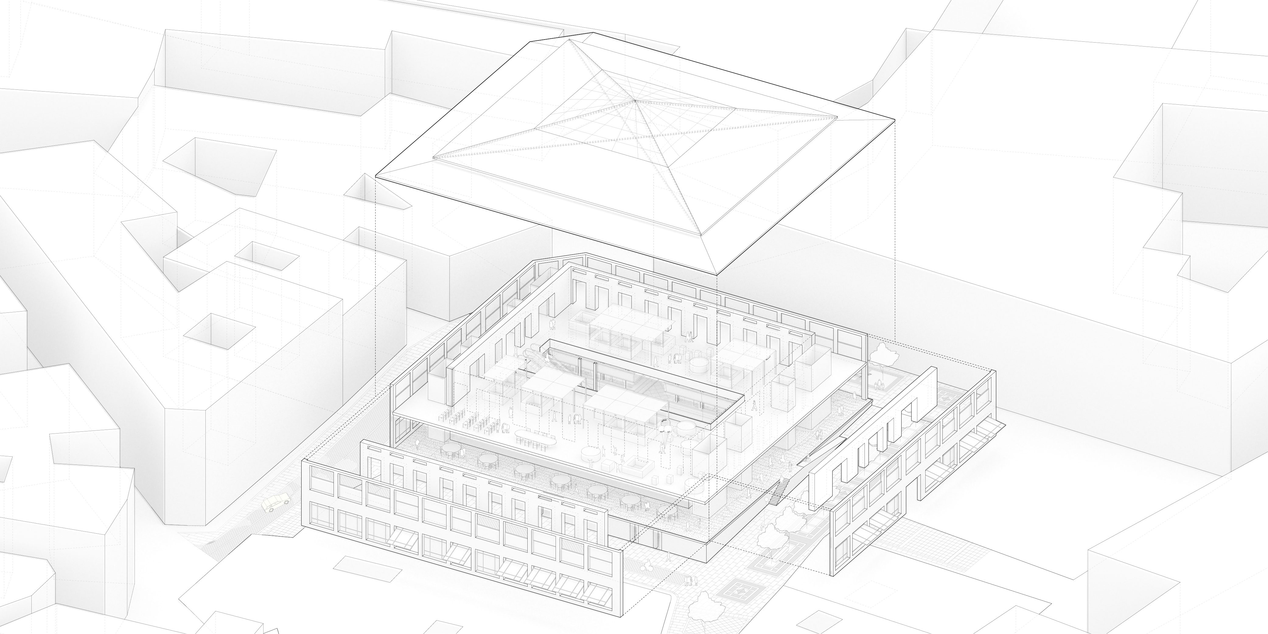 Axonometric drawing of the whole project showing the elements which compose the building